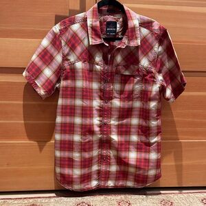 Prana Men's Red and White Plaid Snap Down Shirt L slim fit